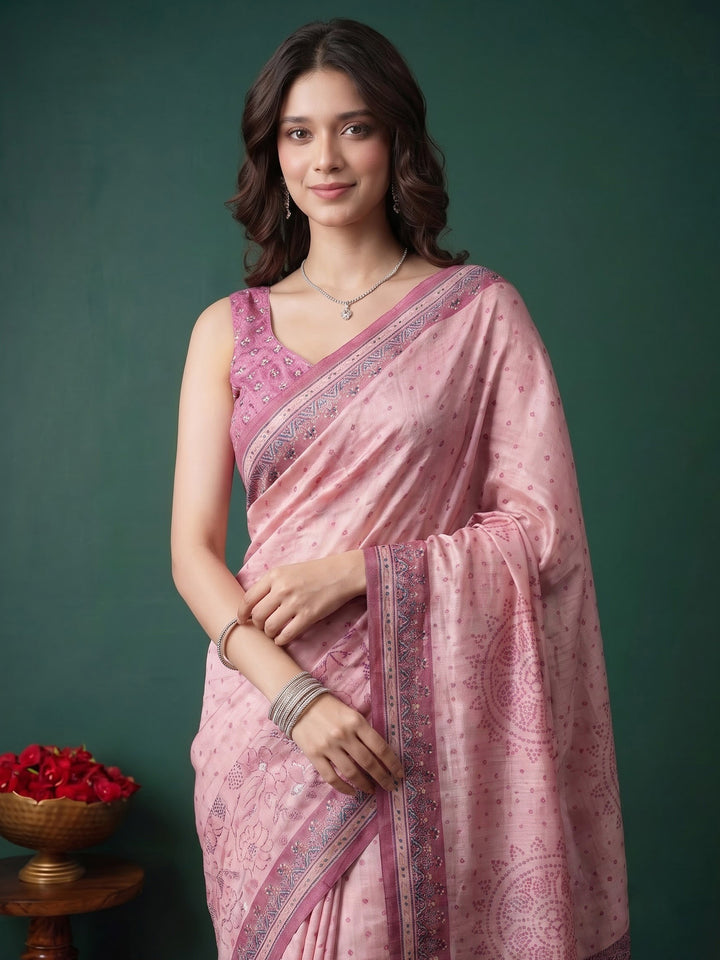 Pink Art Silk Printed Saree