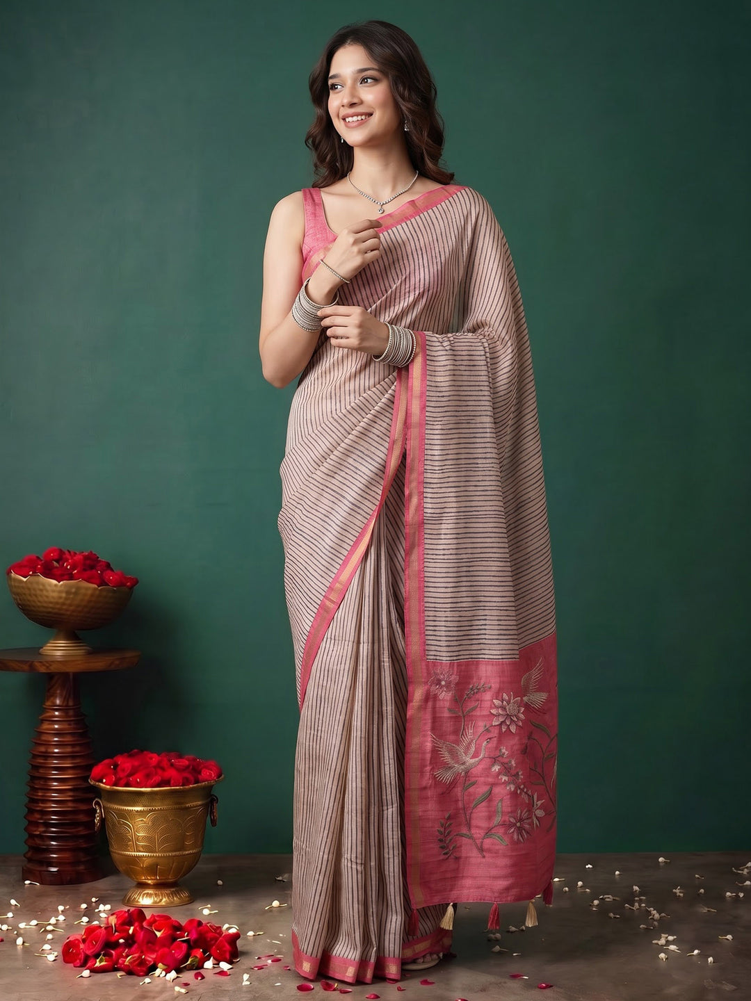 Pink Art Silk Printed Saree
