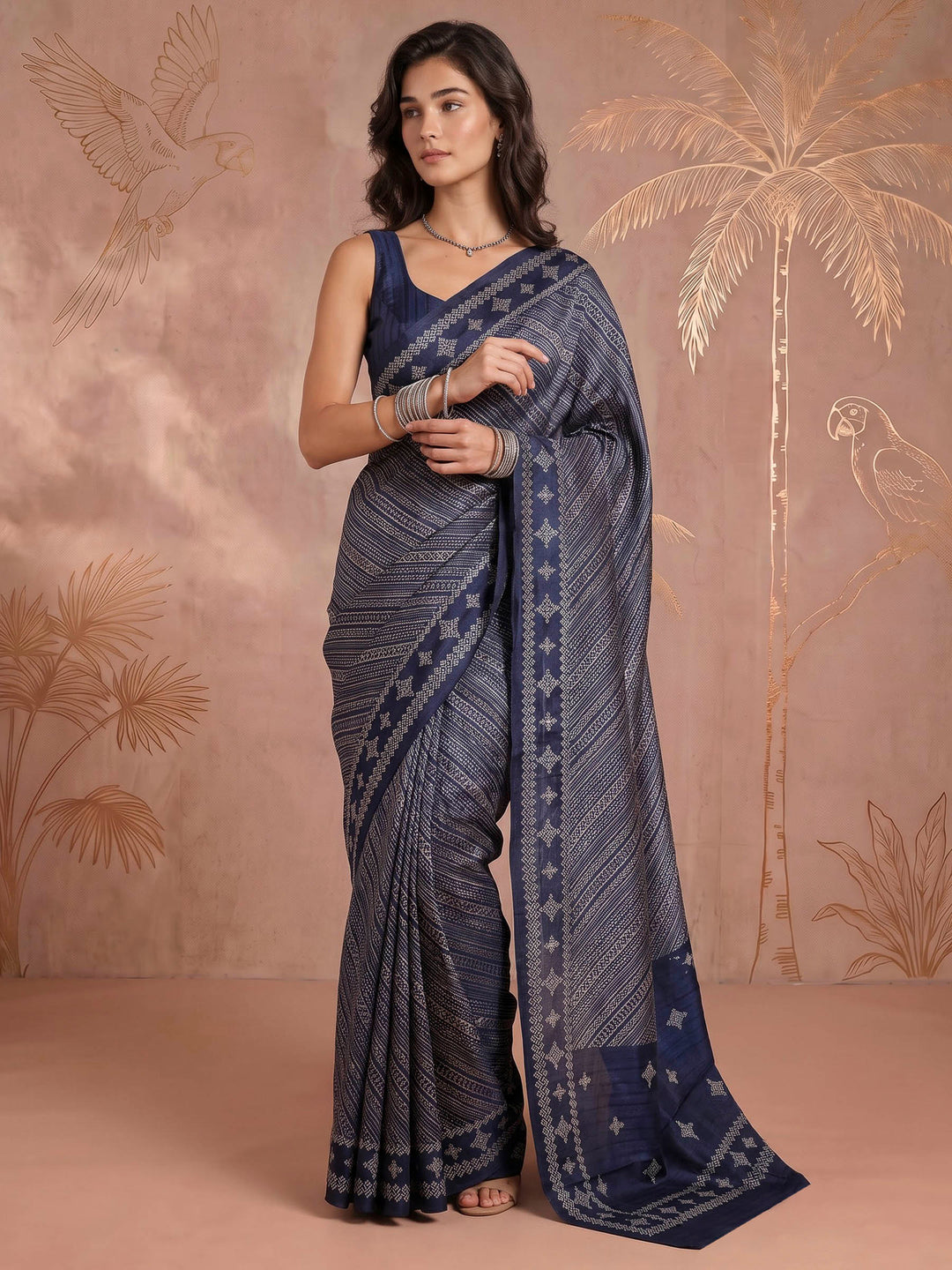 Navy Blue Art Silk Printed Saree
