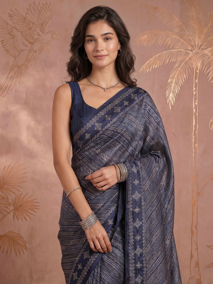 Navy Blue Art Silk Printed Saree