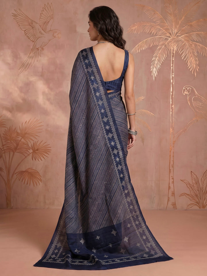 Navy Blue Art Silk Printed Saree
