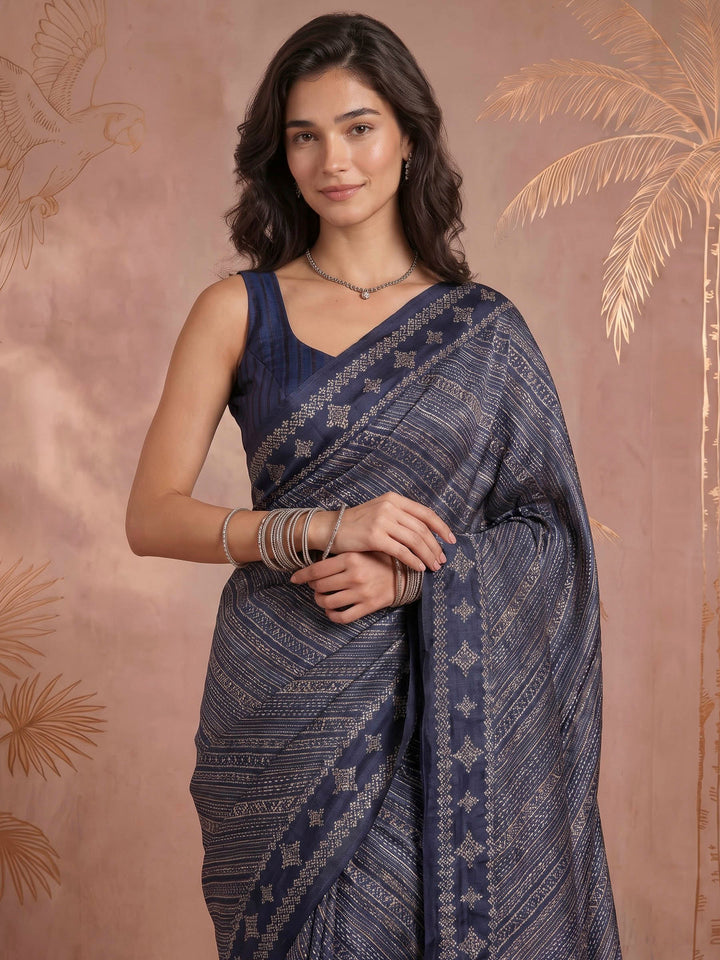 Navy Blue Art Silk Printed Saree