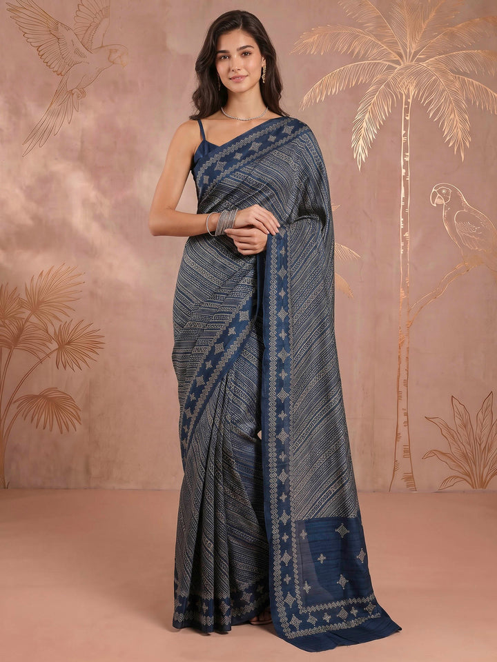 Teal Blue Art Silk Printed Saree