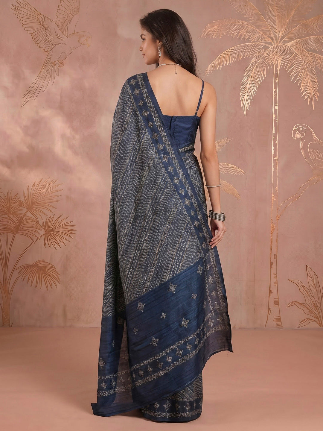 Teal Blue Art Silk Printed Saree