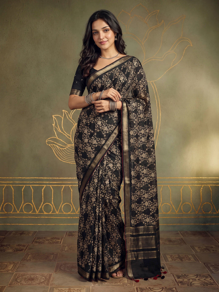 Black Cotton Blend Printed Sarees