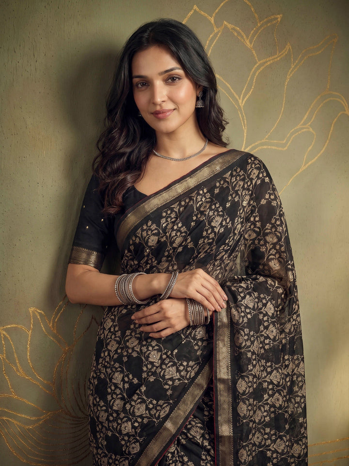 Black Cotton Blend Printed Sarees