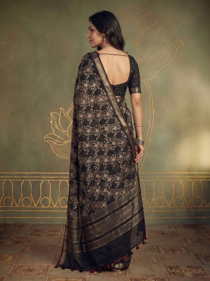 Black Cotton Blend Printed Sarees