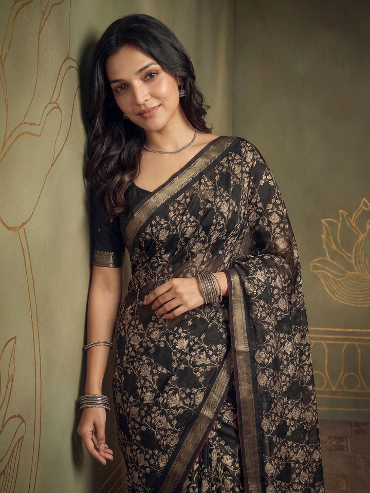 Black Cotton Blend Printed Sarees