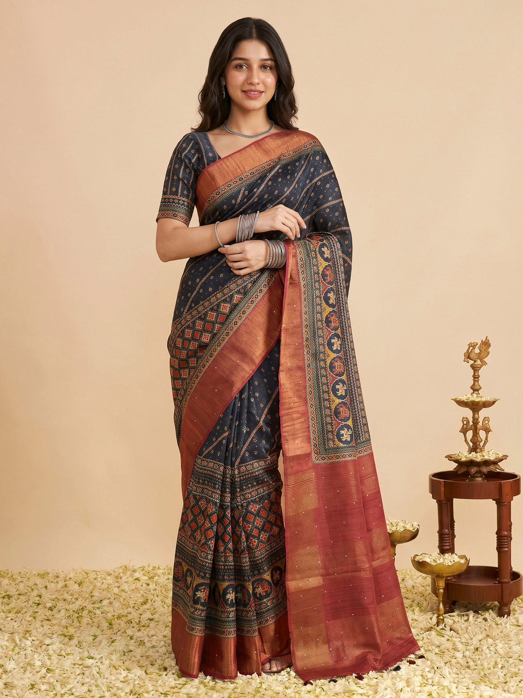 Black Tussar Printed Sarees