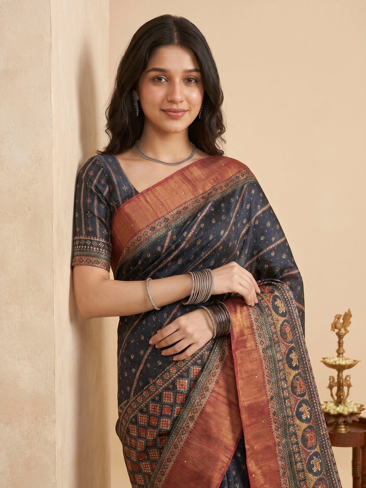 Black Tussar Printed Sarees