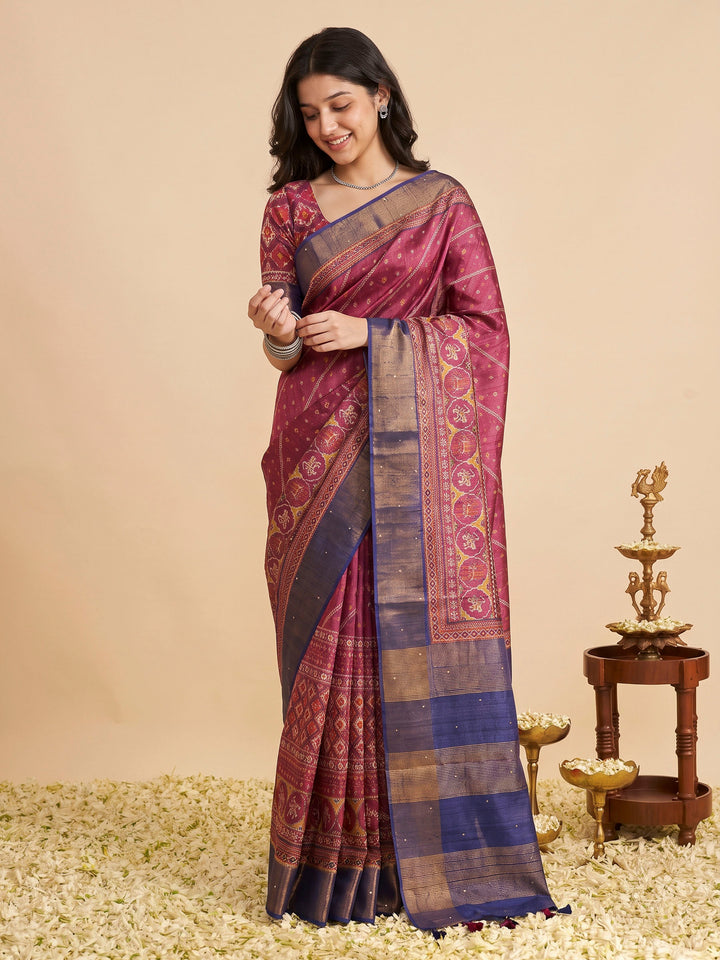 Wine Tussar Printed Sarees