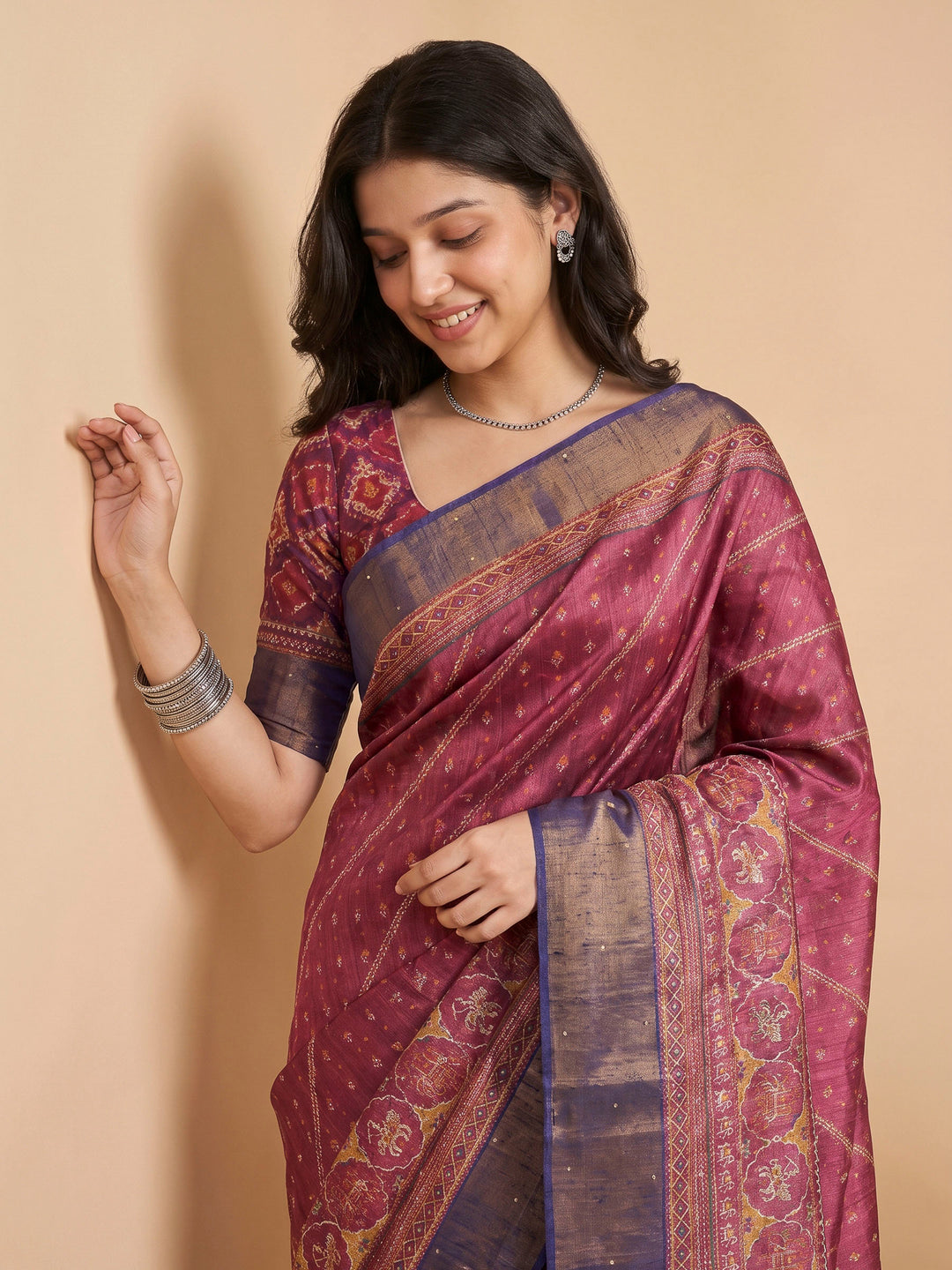 Wine Tussar Printed Sarees