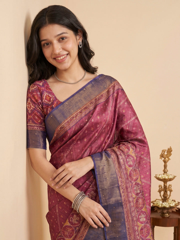 Wine Tussar Printed Sarees