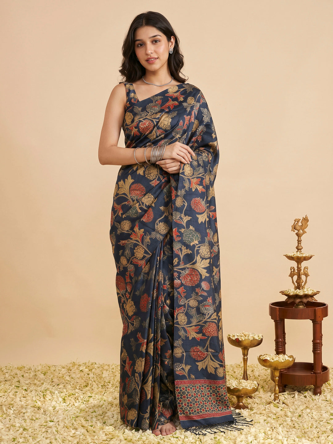 Grey Tussar Printed Sarees