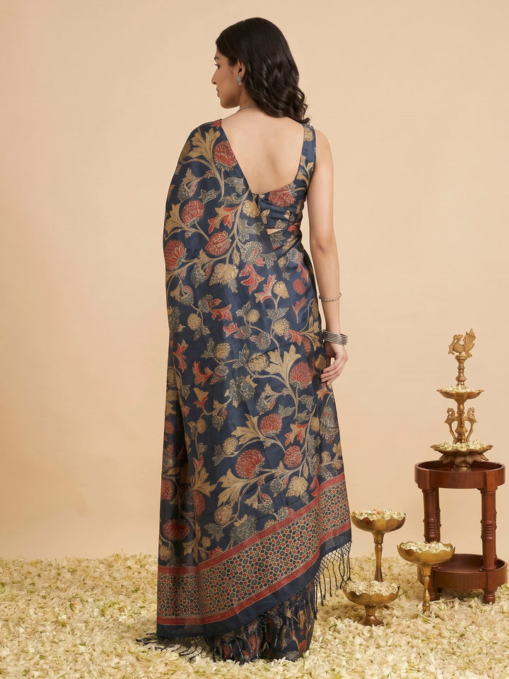 Grey Blue Tussar Printed Sarees