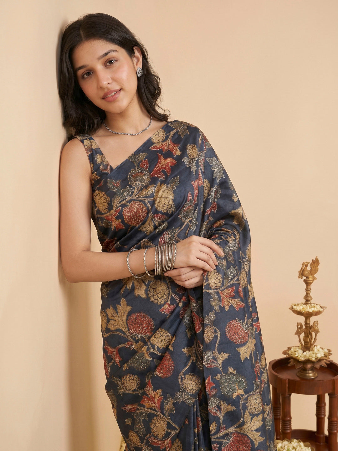 Grey Tussar Printed Sarees