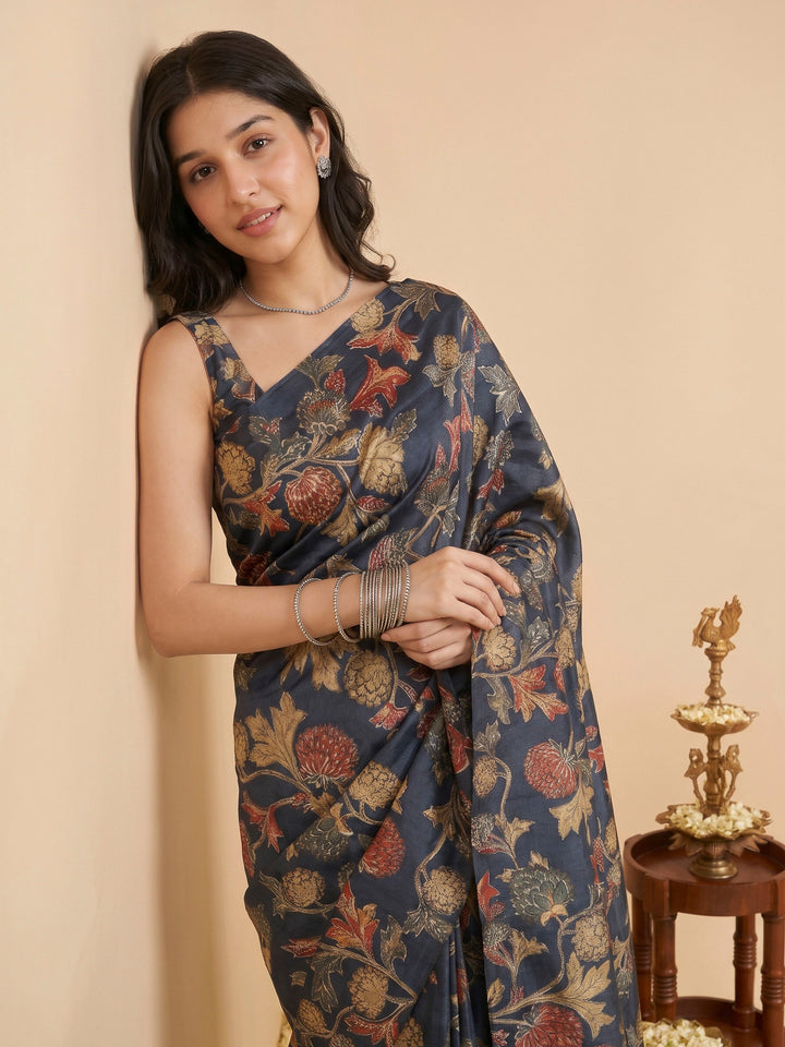 Grey Tussar Printed Sarees