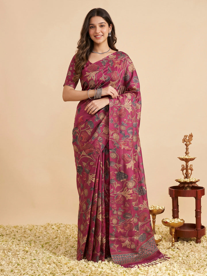 Magenta Tussar Printed Sarees