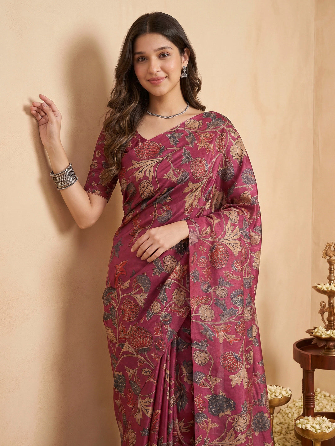 Magenta Tussar Printed Sarees