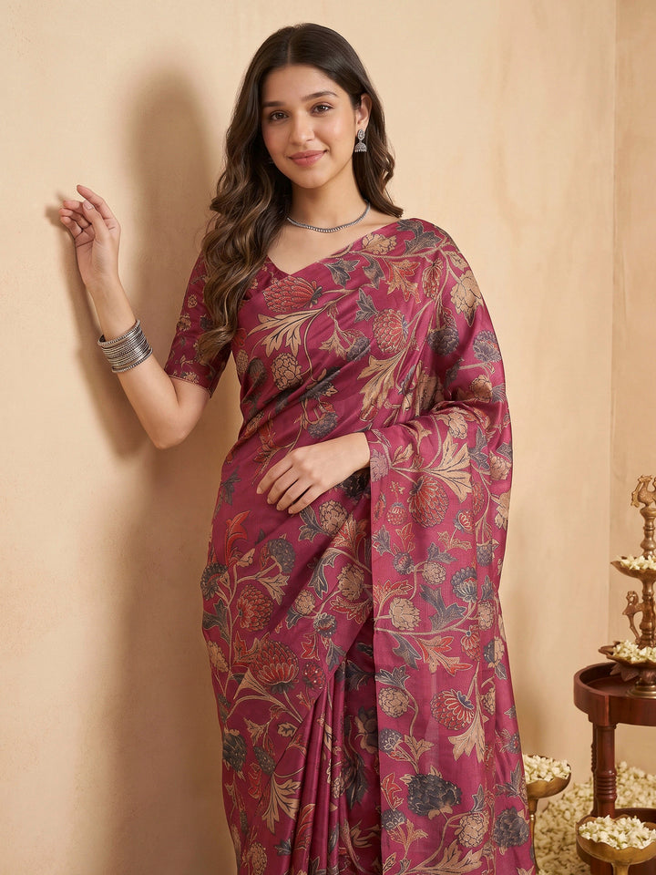 Magenta Tussar Printed Sarees