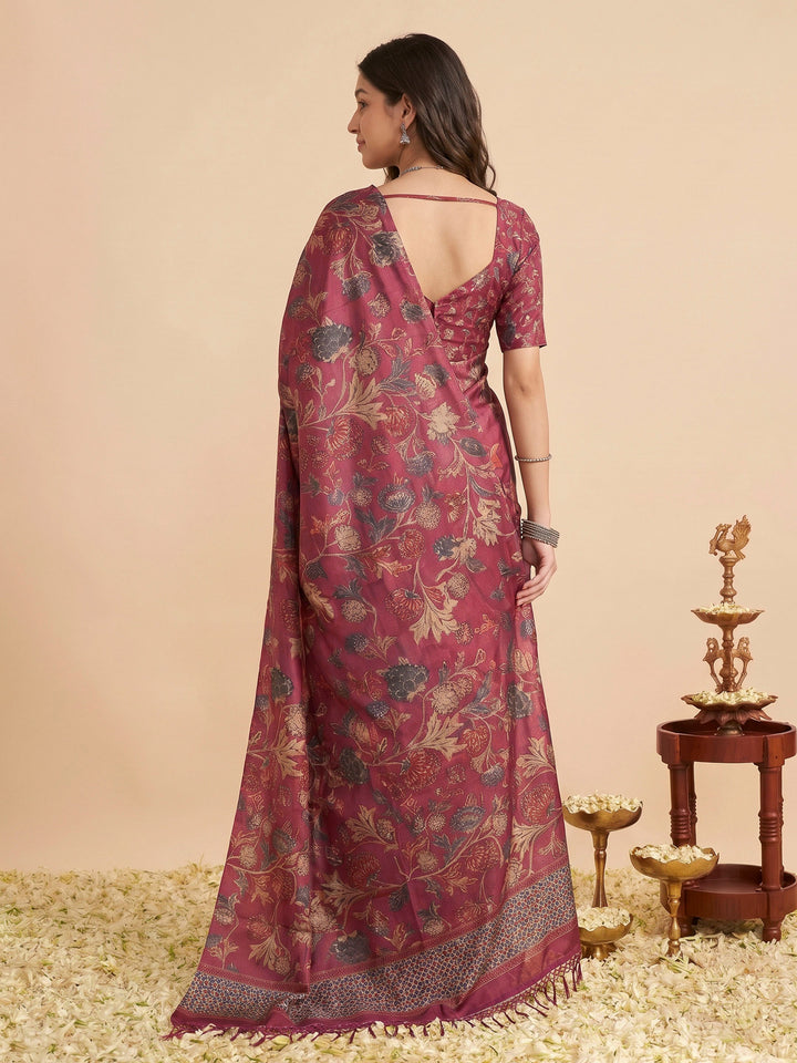 Magenta Tussar Printed Sarees