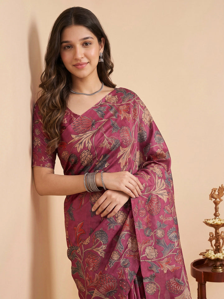Magenta Tussar Printed Sarees