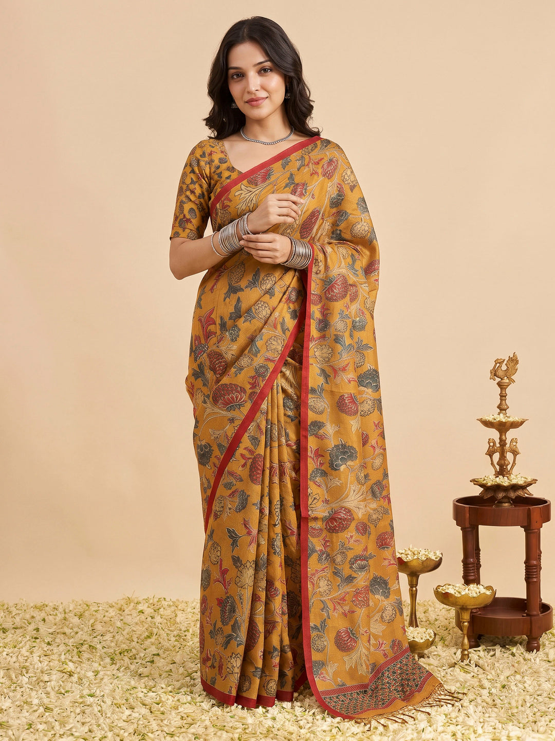 Mustard Tussar Printed Sarees