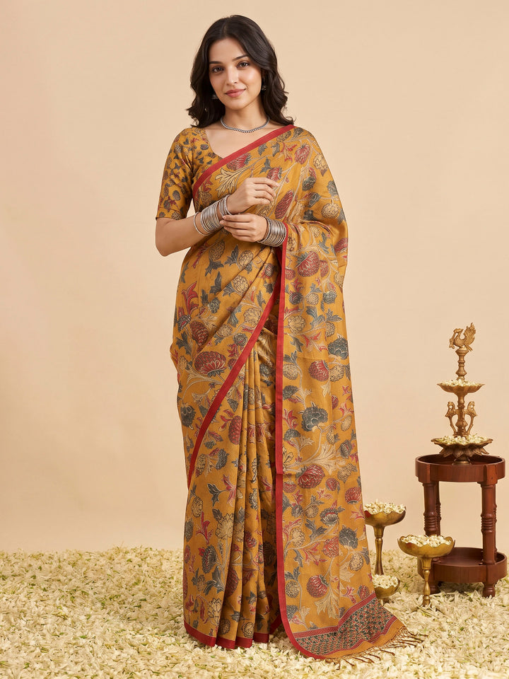 Mustard Tussar Printed Sarees