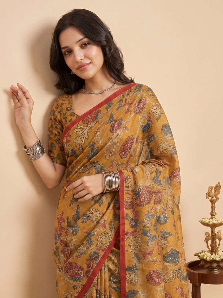 Mustard Tussar Printed Sarees