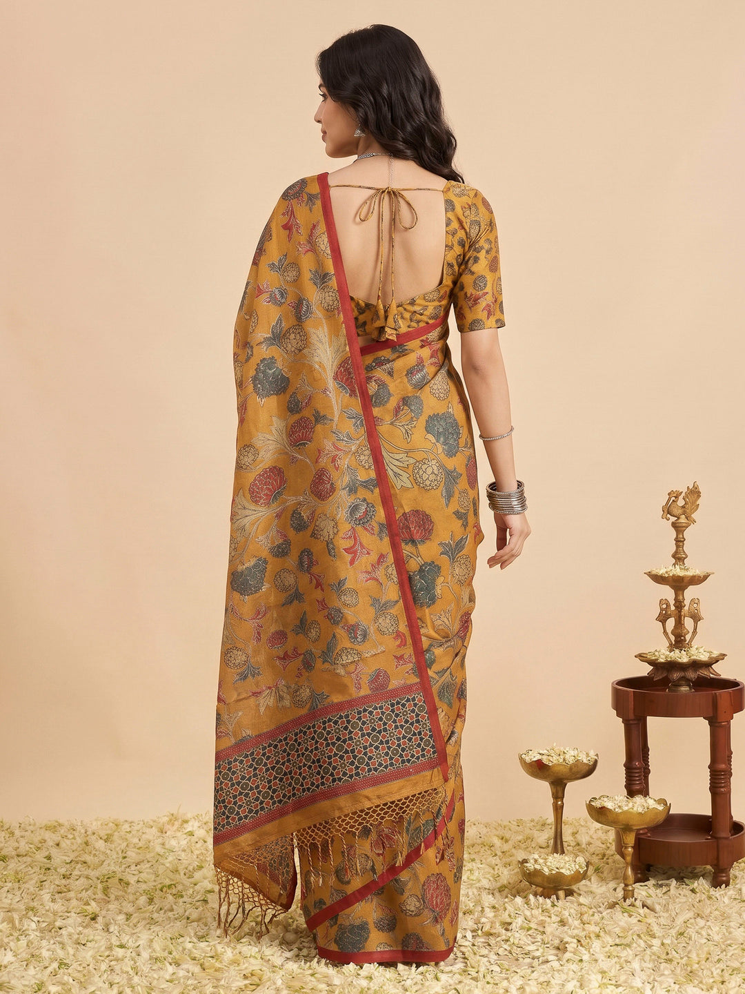 Mustard Tussar Printed Sarees