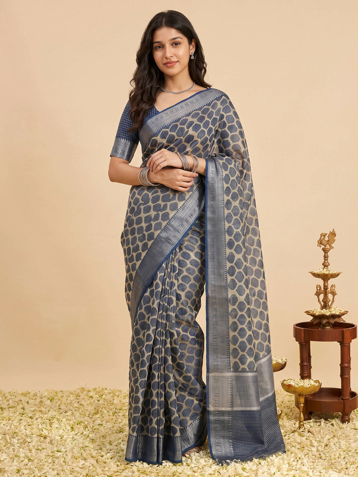 Navy Blue Cotton Blend Printed Sarees