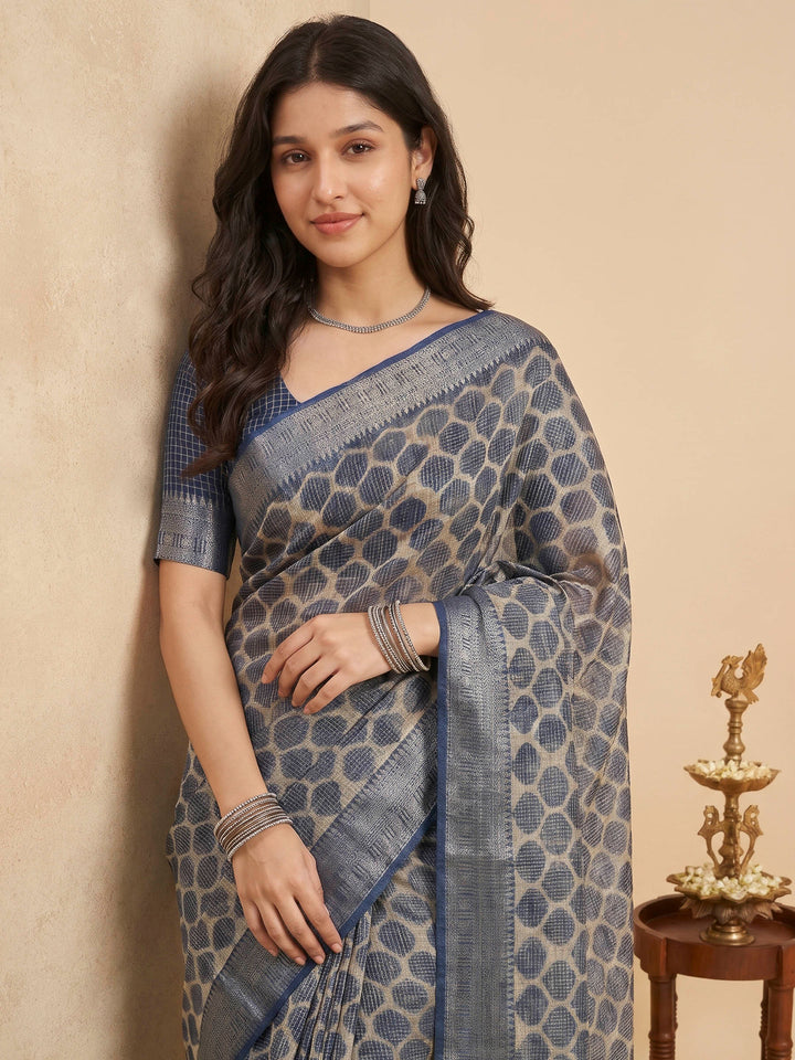 Navy Blue Cotton Blend Printed Sarees