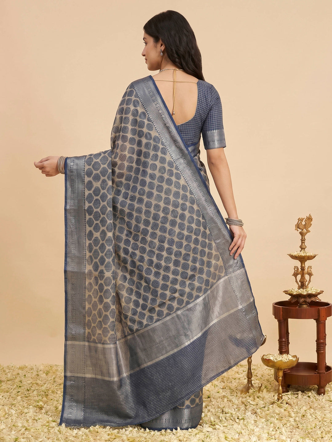Navy Blue Cotton Blend Printed Sarees