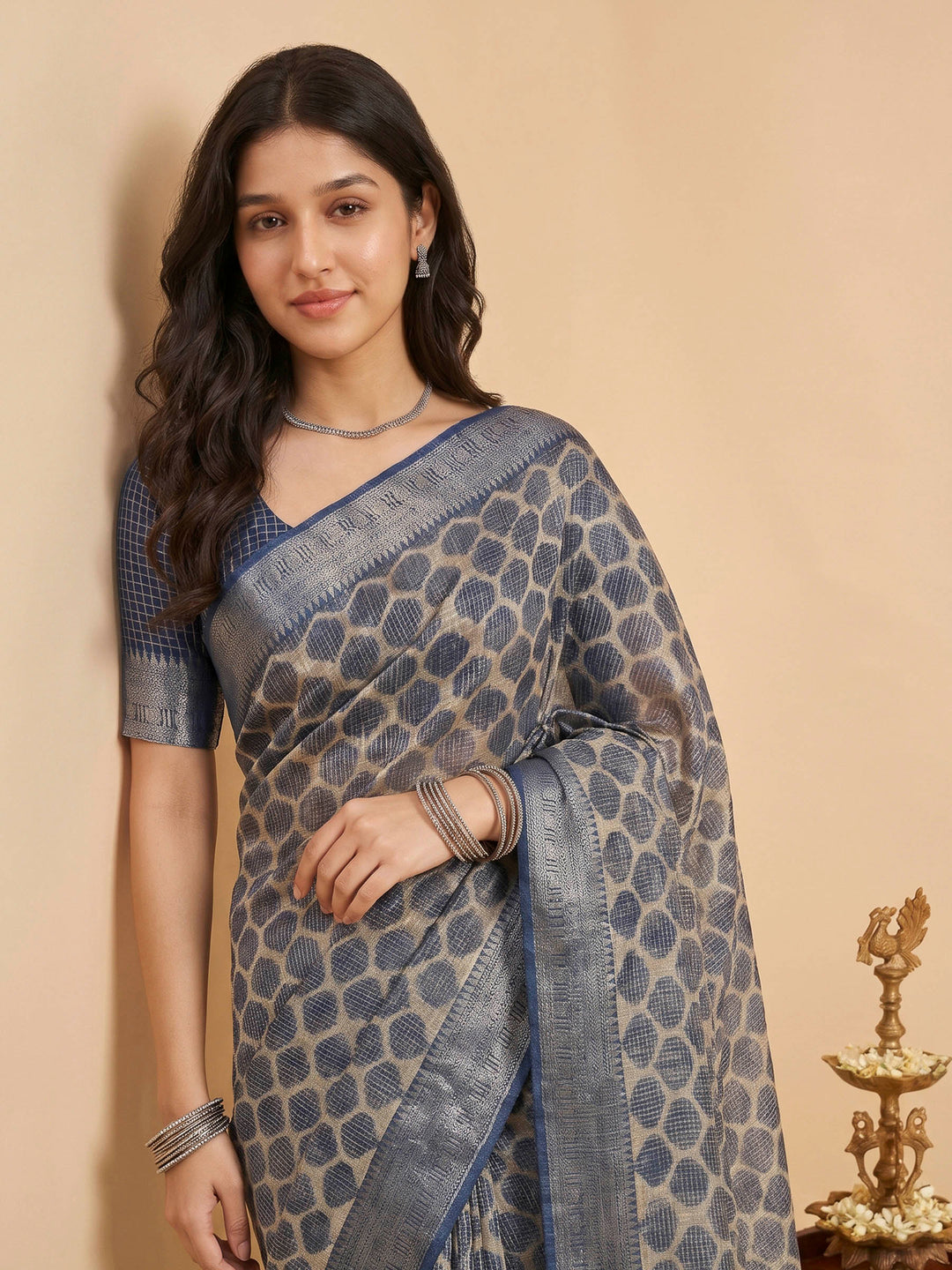 Navy Blue Cotton Blend Printed Sarees