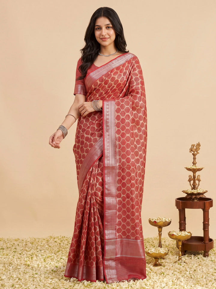 Red Cotton Blend Printed Sarees