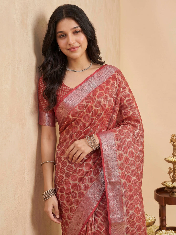 Red Cotton Blend Printed Sarees
