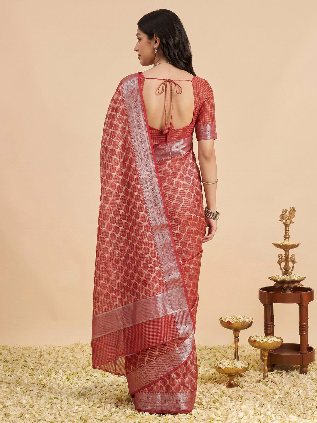 Red Cotton Blend Printed Sarees