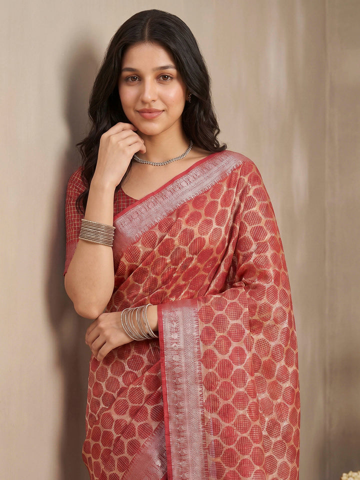 Red Cotton Blend Printed Sarees