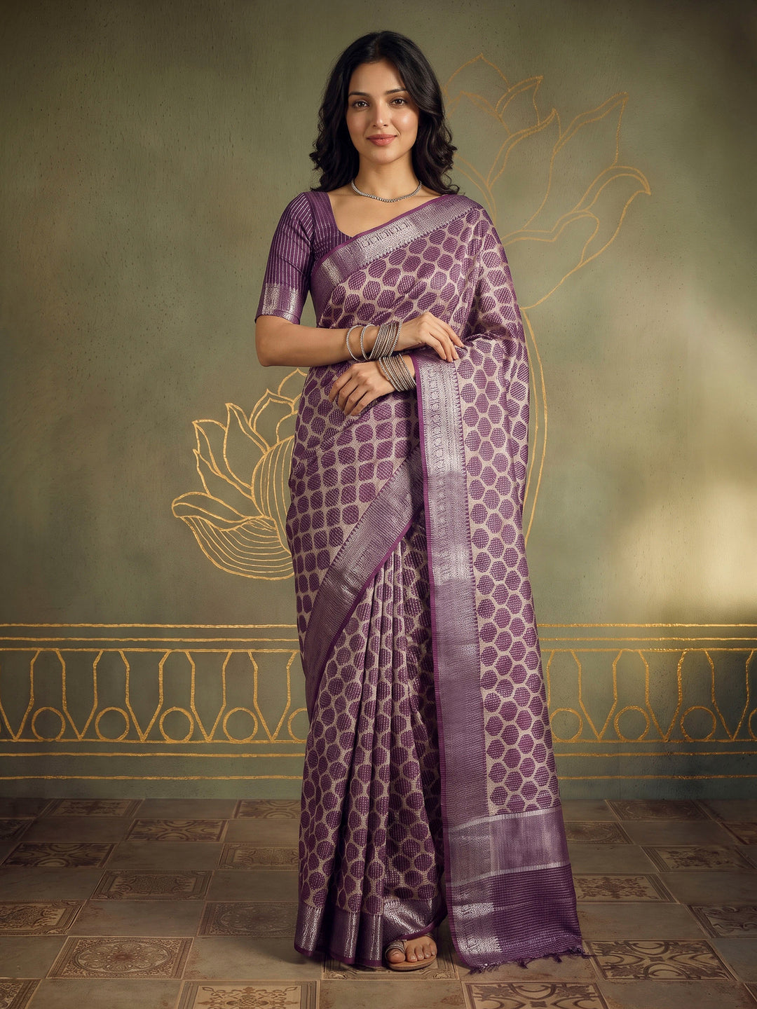 Wine Cotton Blend Printed Sarees