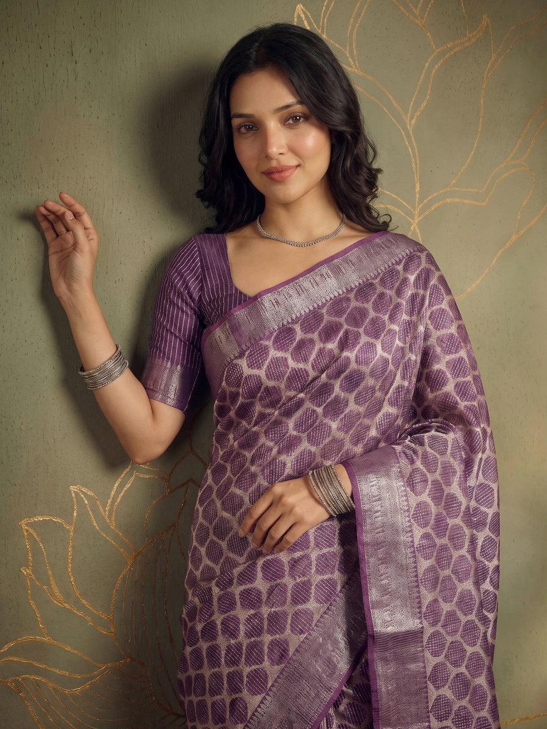 Wine Cotton Blend Printed Sarees