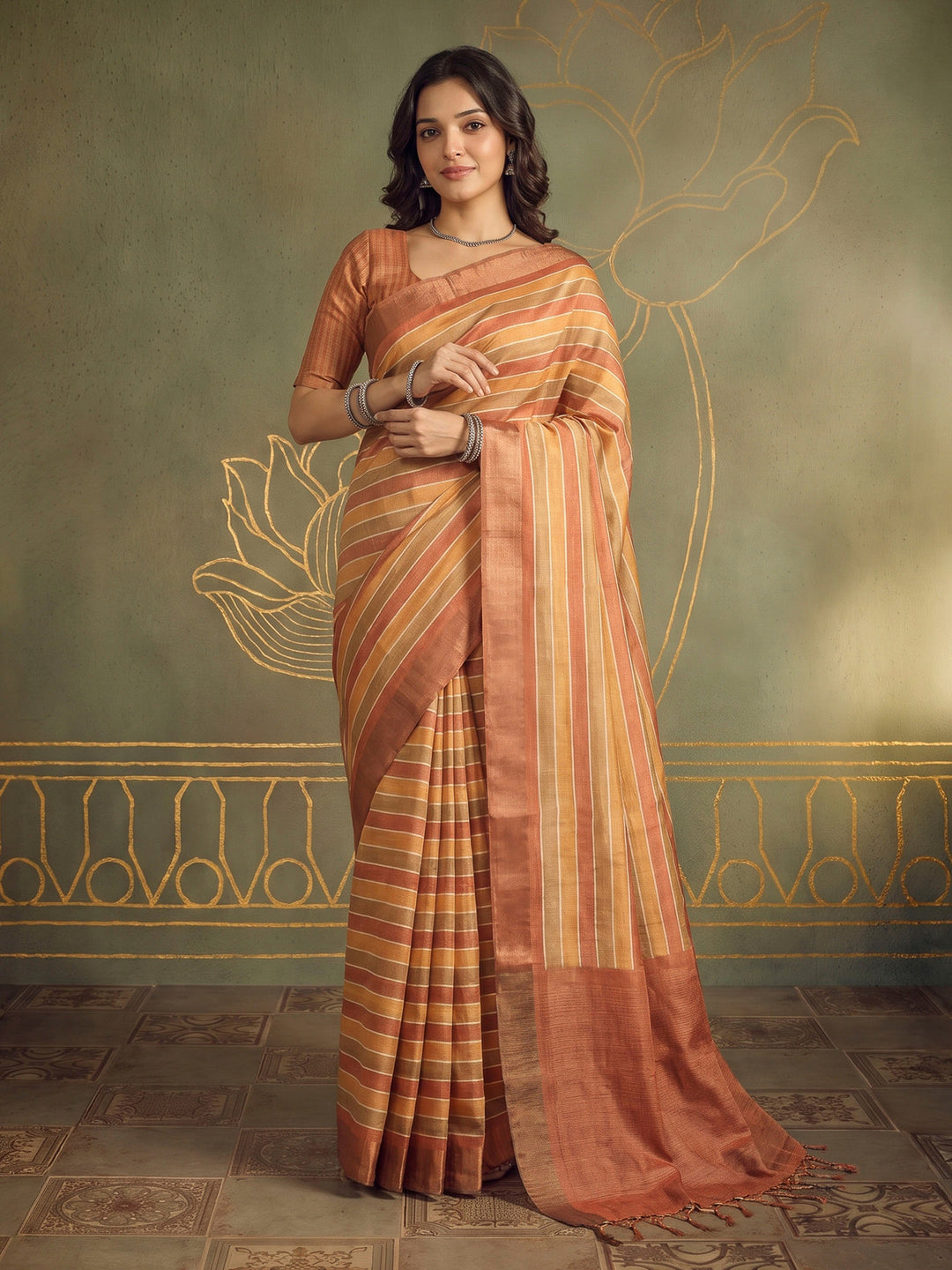 Mustard Tussar Printed Sarees
