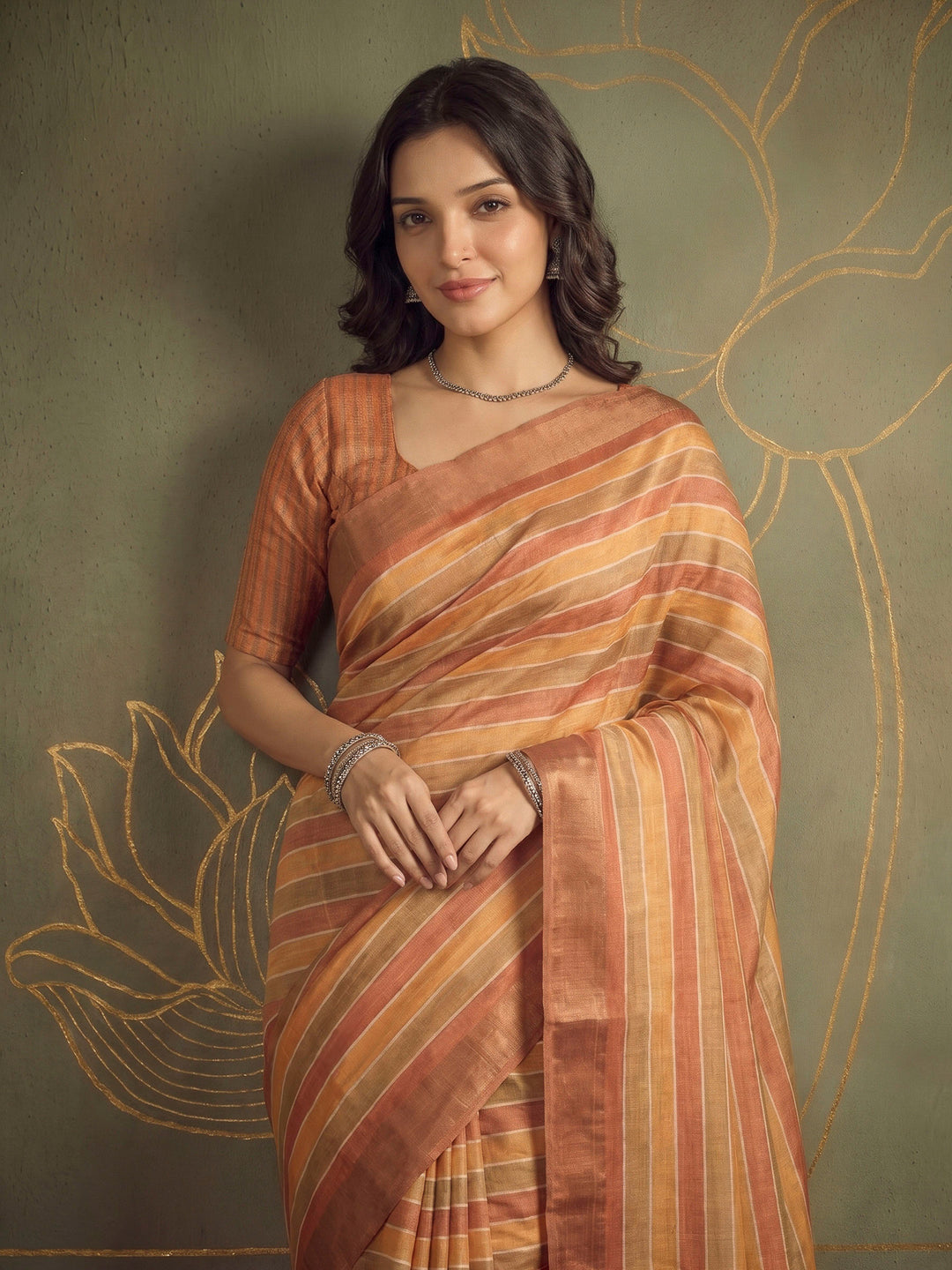 Mustard Tussar Printed Sarees