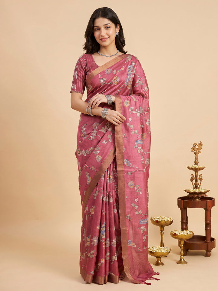 Pink Tussar Printed Sarees