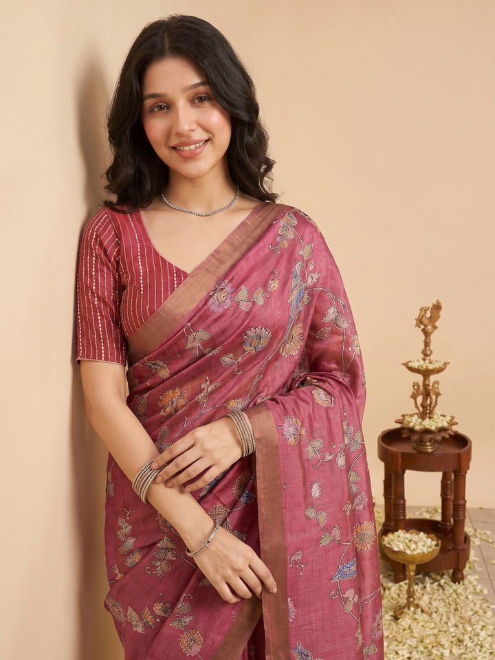 Pink Tussar Printed Sarees