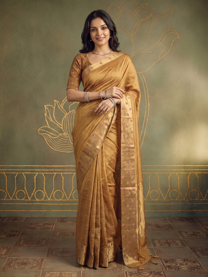 Mustard Tussar Embroidered Sarees