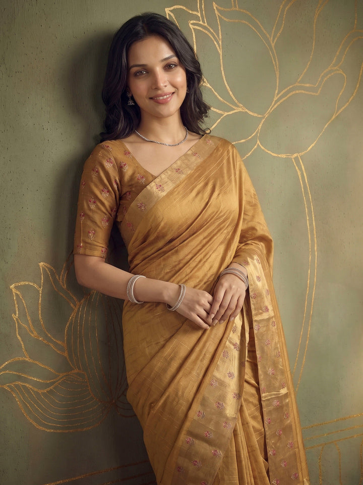 Mustard Tussar Embroidered Sarees