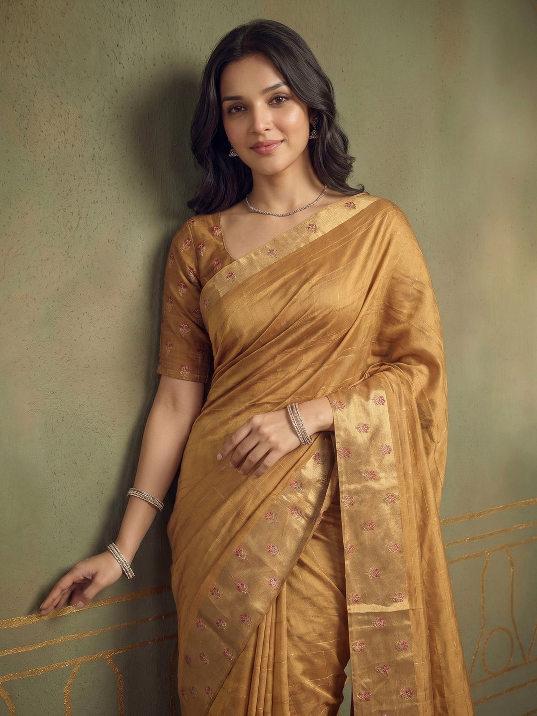 Mustard Tussar Embroidered Sarees