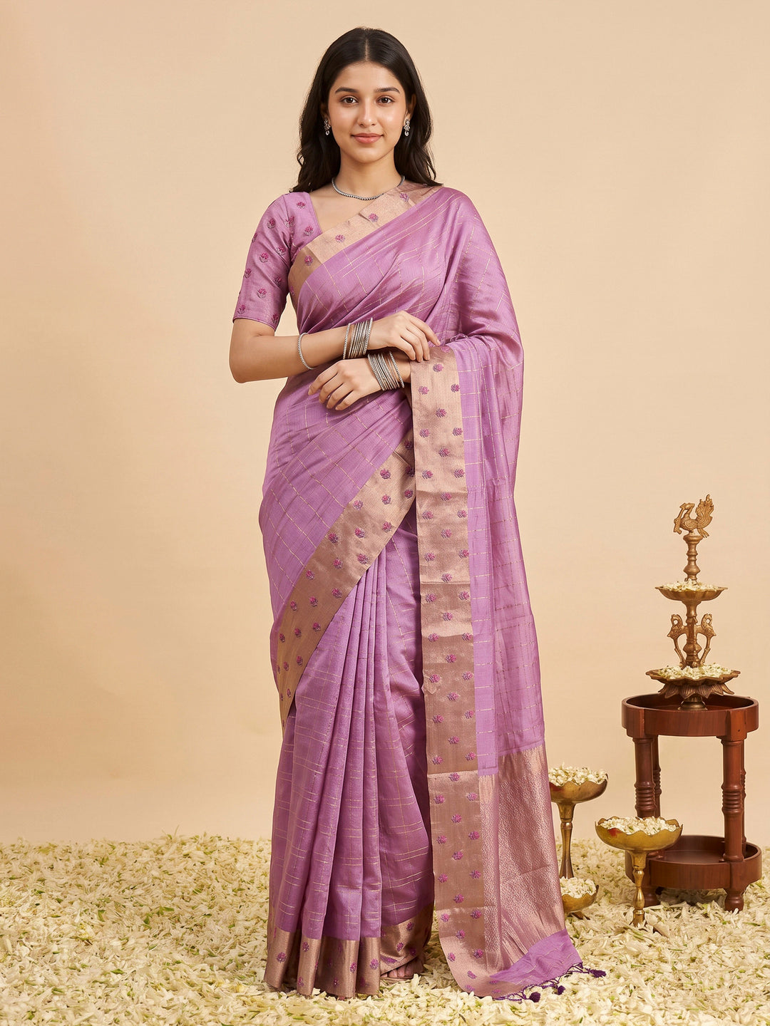 Onion Pink Tussar Embroidered Sarees