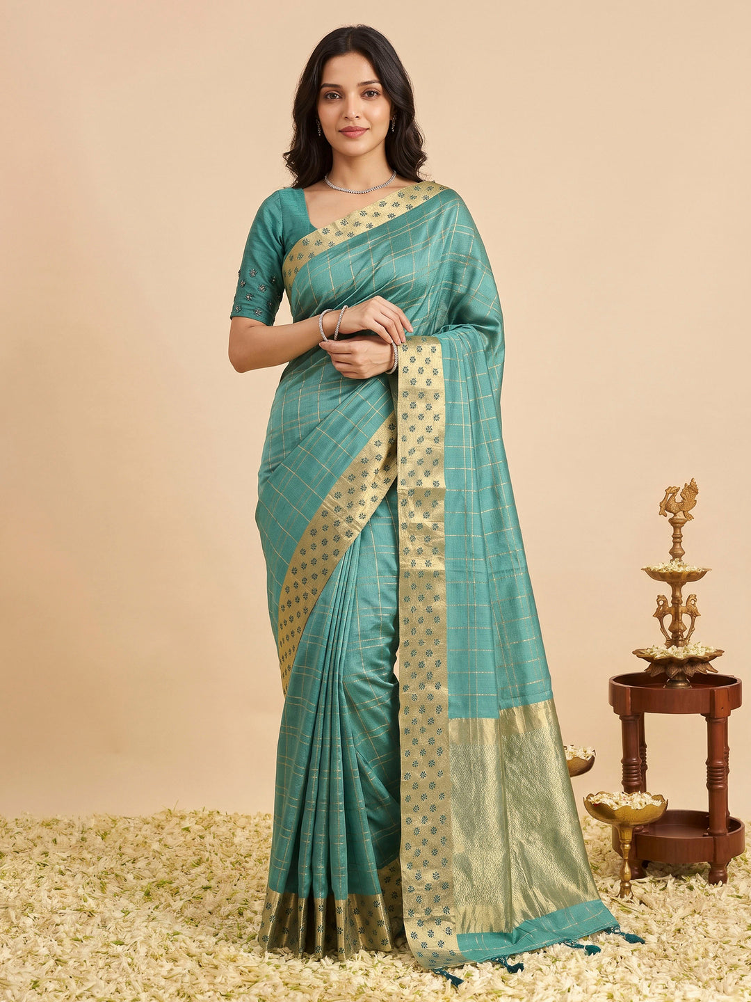 Sea Green Tussar Embroidered Sarees