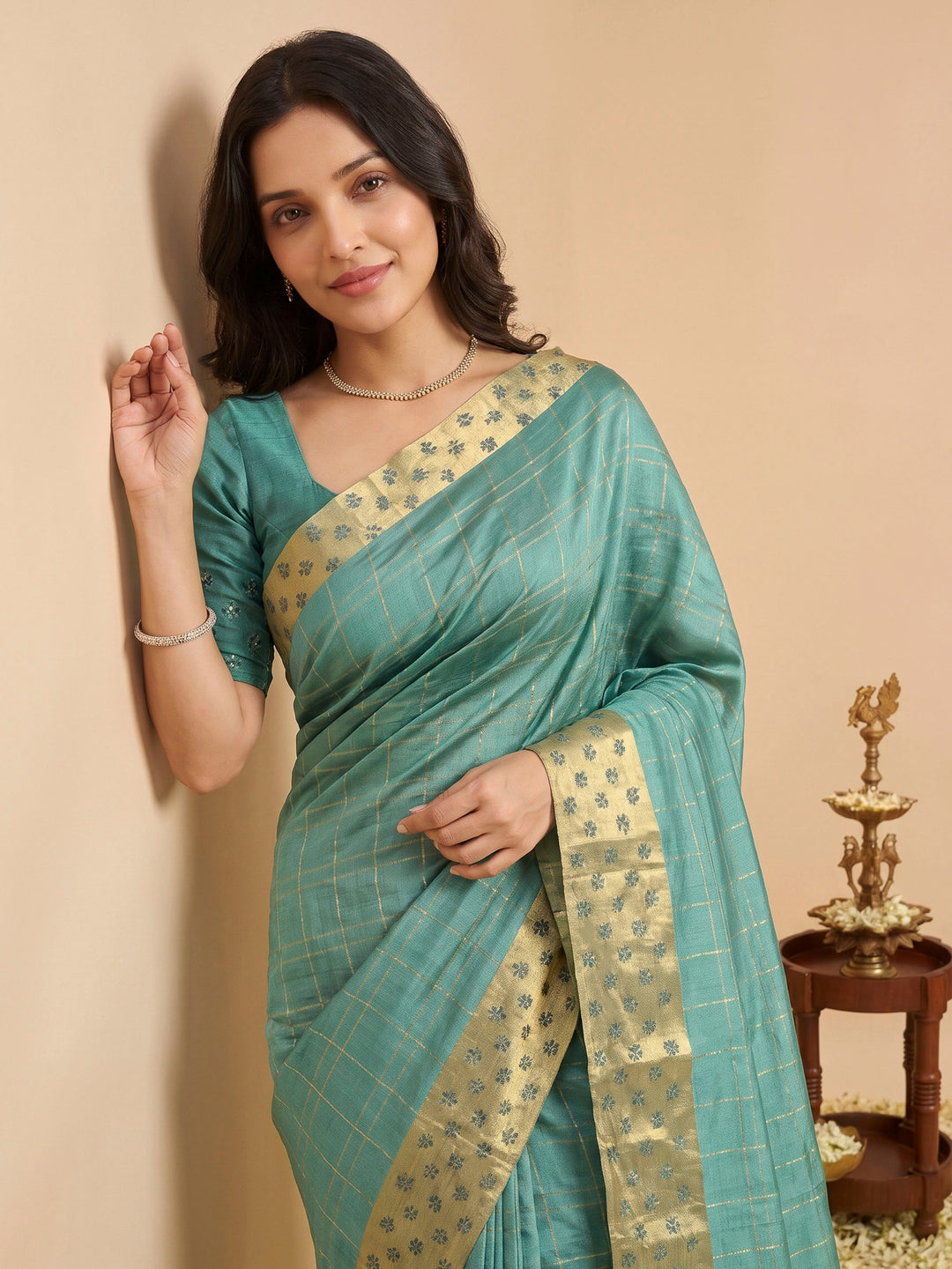 Sea Green Tussar Embroidered Sarees